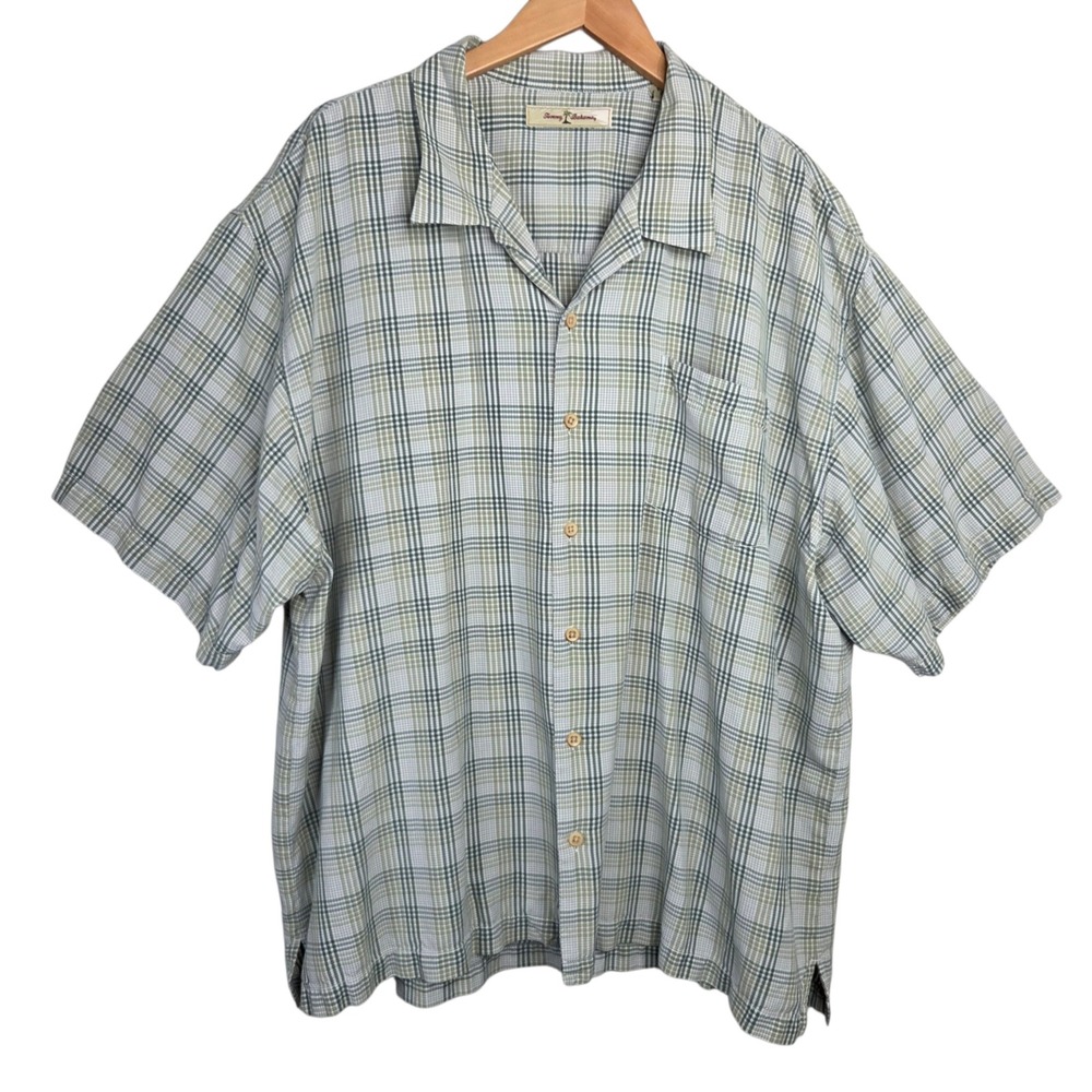 Tommy Bahama Mens SX XXL Green‎ Silk Plaid Short Sleeve Button Down Shirt Resort